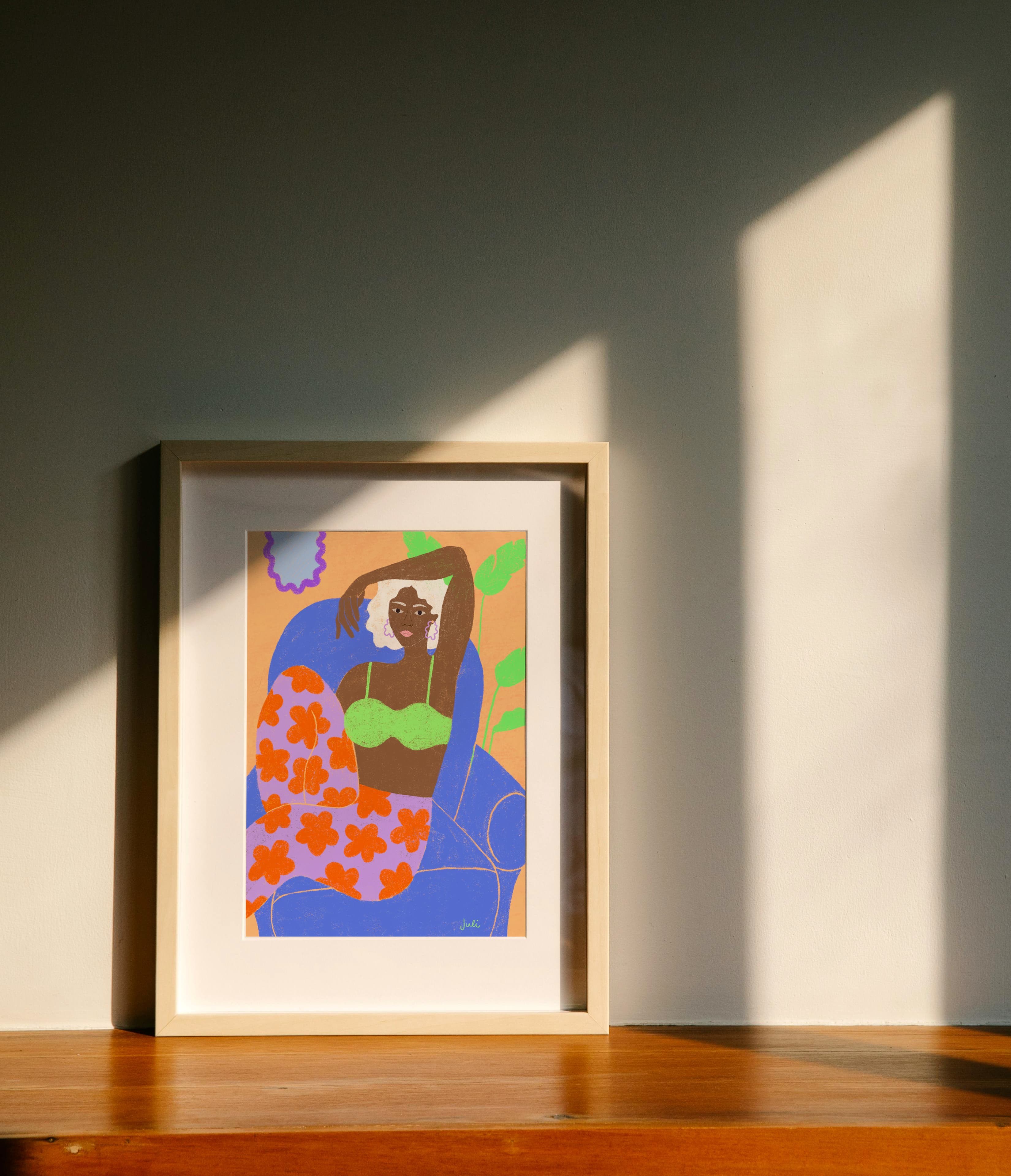 Girl on orange flowers Art Print | Julieta Fama x decollective