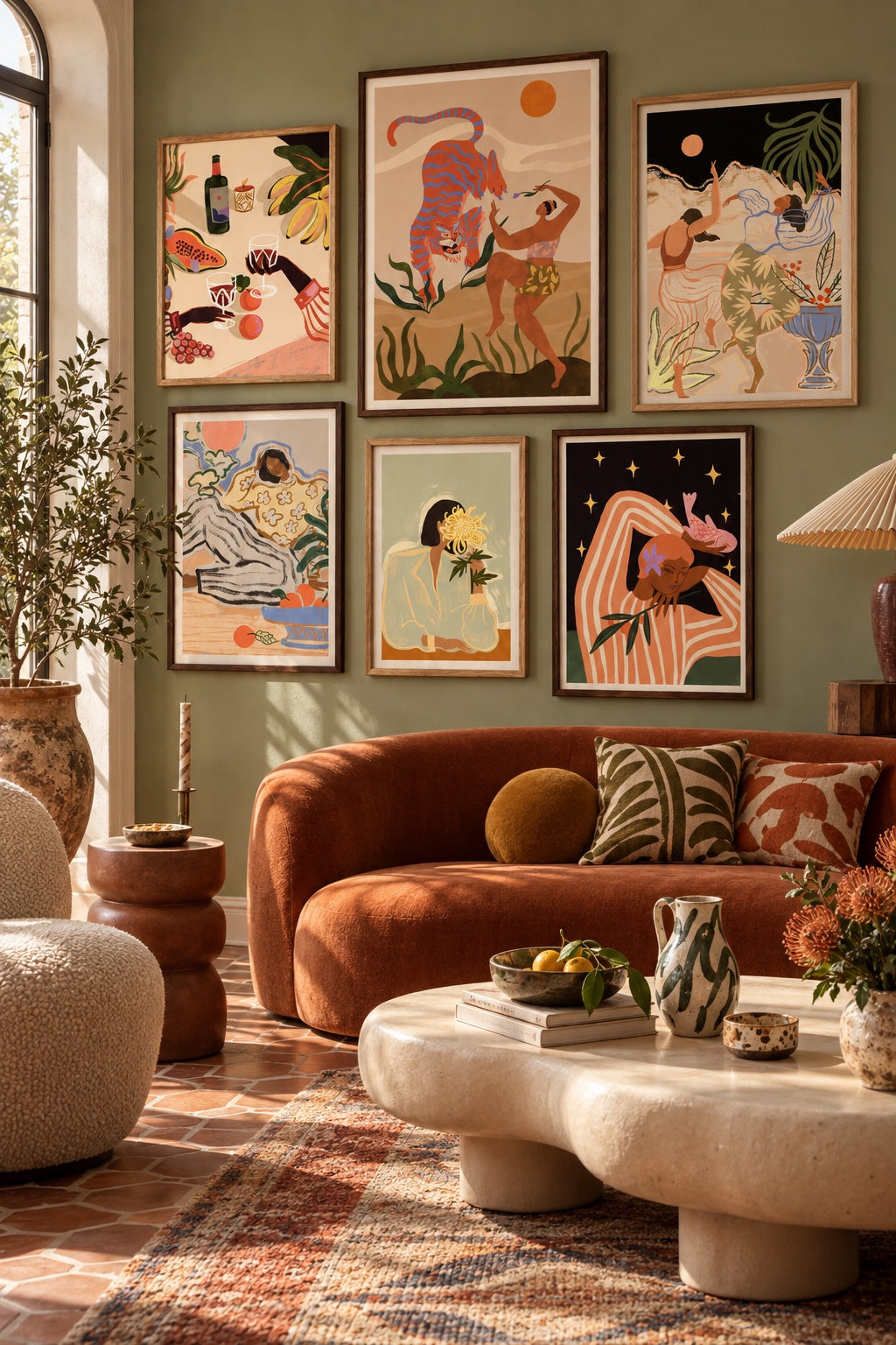 Six framed works by Arty Guava in a colorful contemporary room