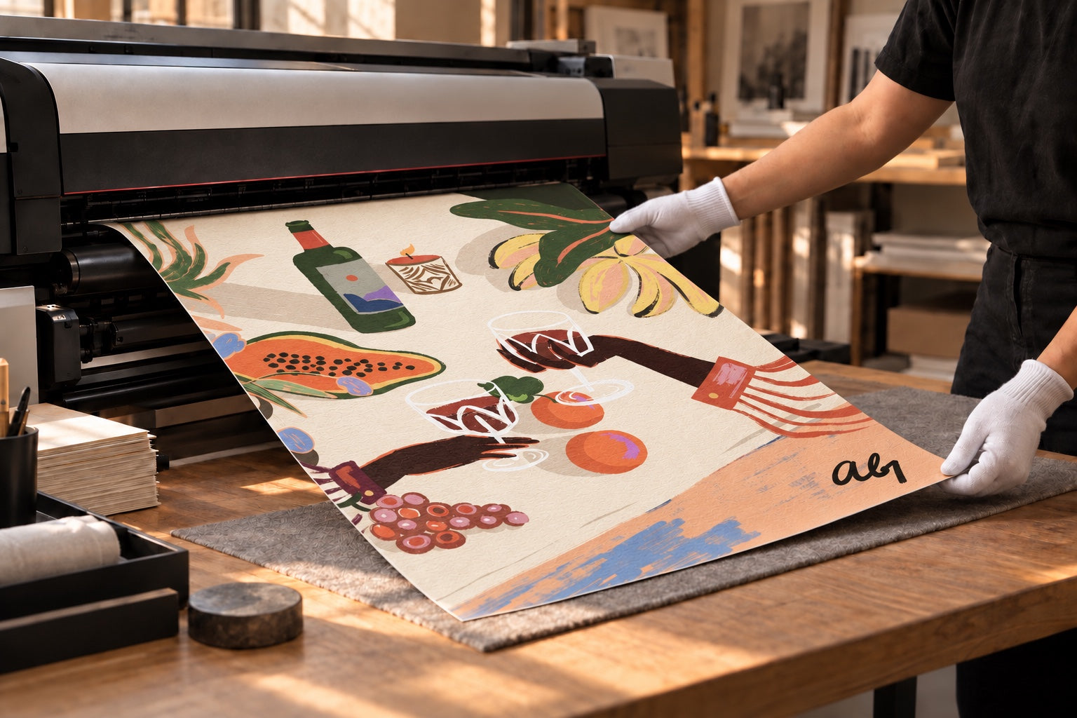 White-gloved hands lift Arty Guava’s Cheers to you print from a large-format printer, showing the matte paper texture