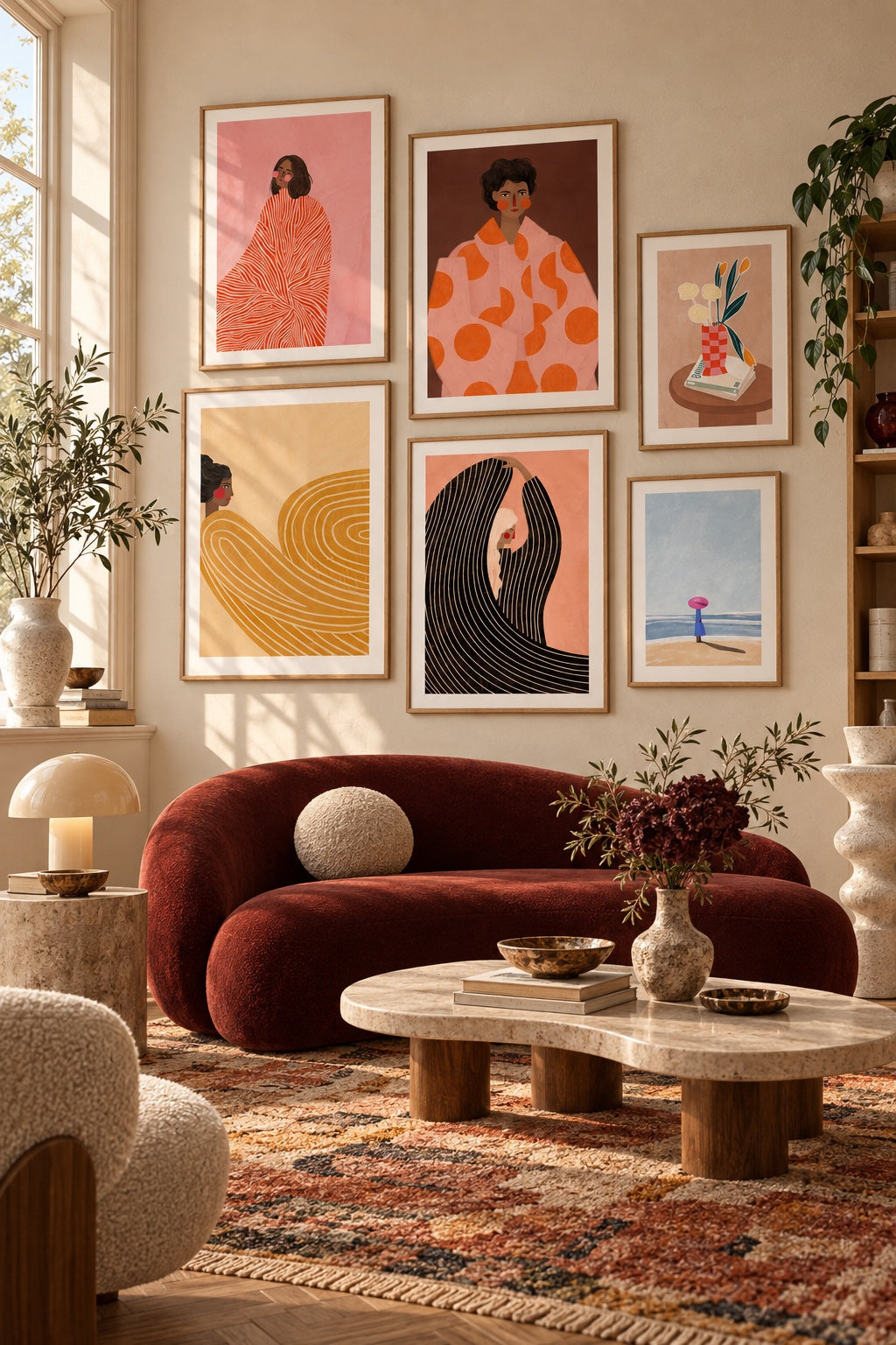 Five framed works by Bea Müller in a characterful room