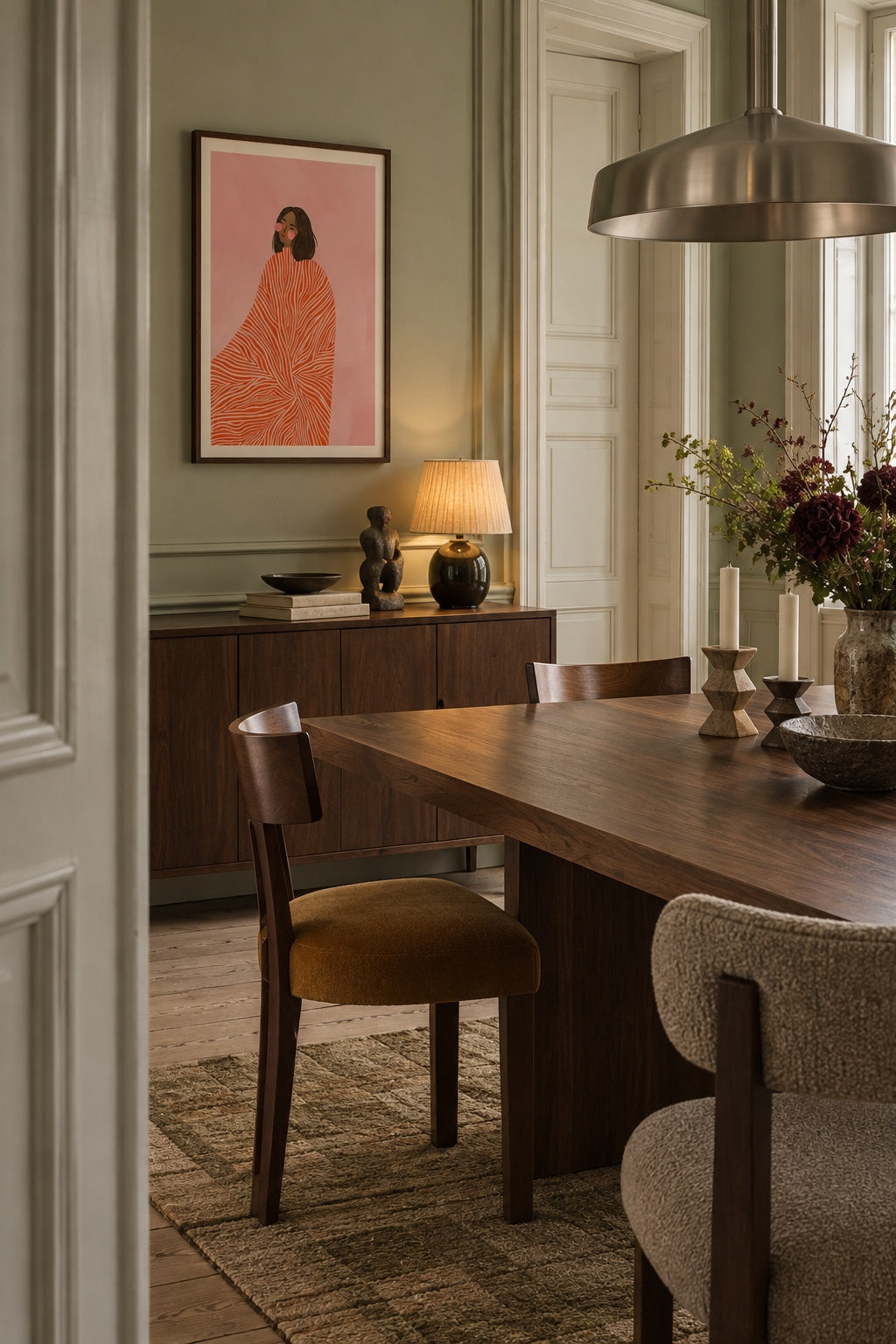 The woman with the swirls by Bea Müller above a walnut dining table