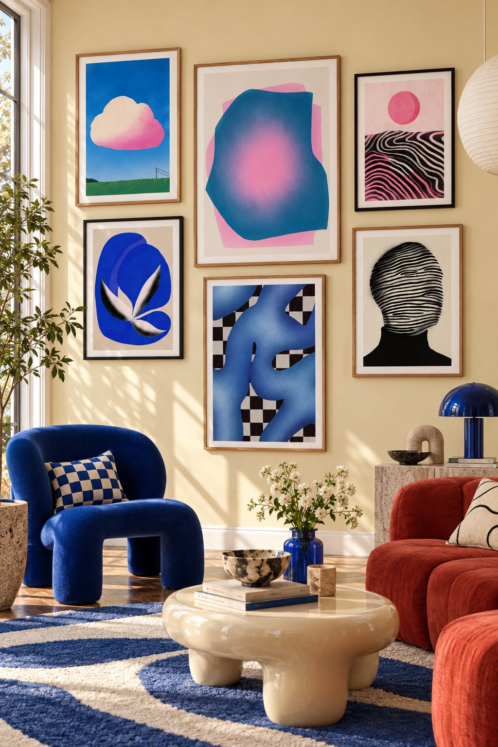 Six framed works by Little Dean above sculptural furniture