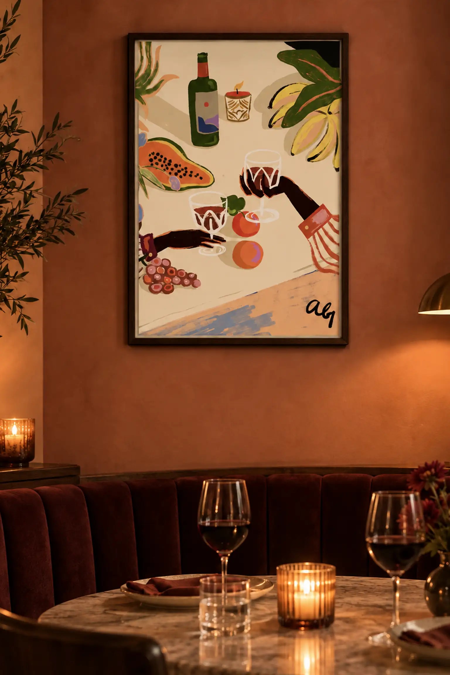 Food poster in vibrant red restaurant