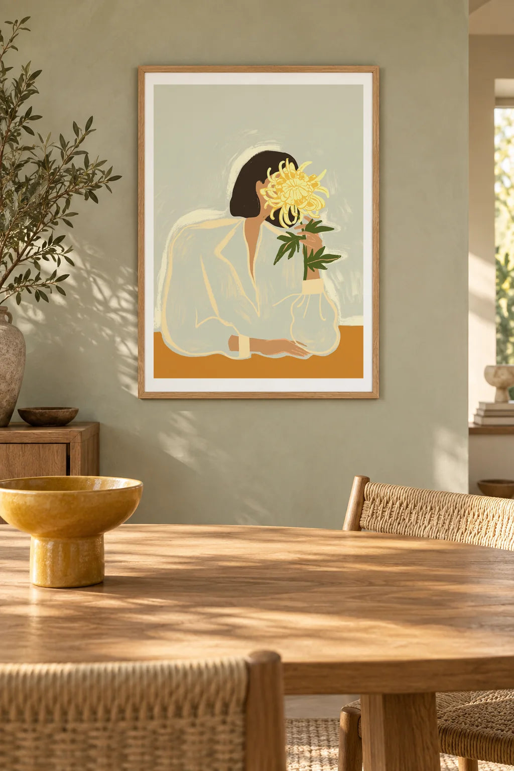 The Chrysanthemum by Arty Guava – woman holding a yellow chrysanthemum against a pale sage background. Oak-framed print above a dining table in a sunlit sage room.