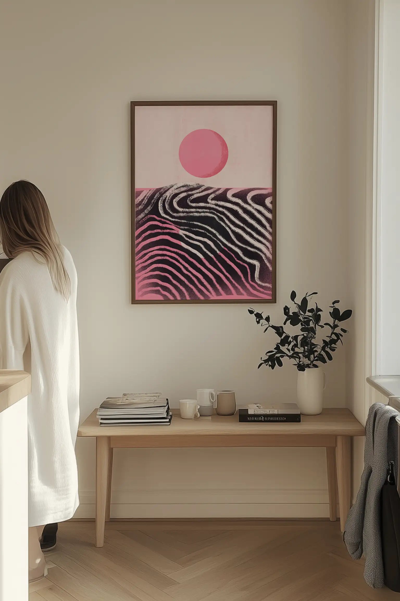 Pink Sun Abstract Horizon by Little Dean — framed art print in interior | Decollective