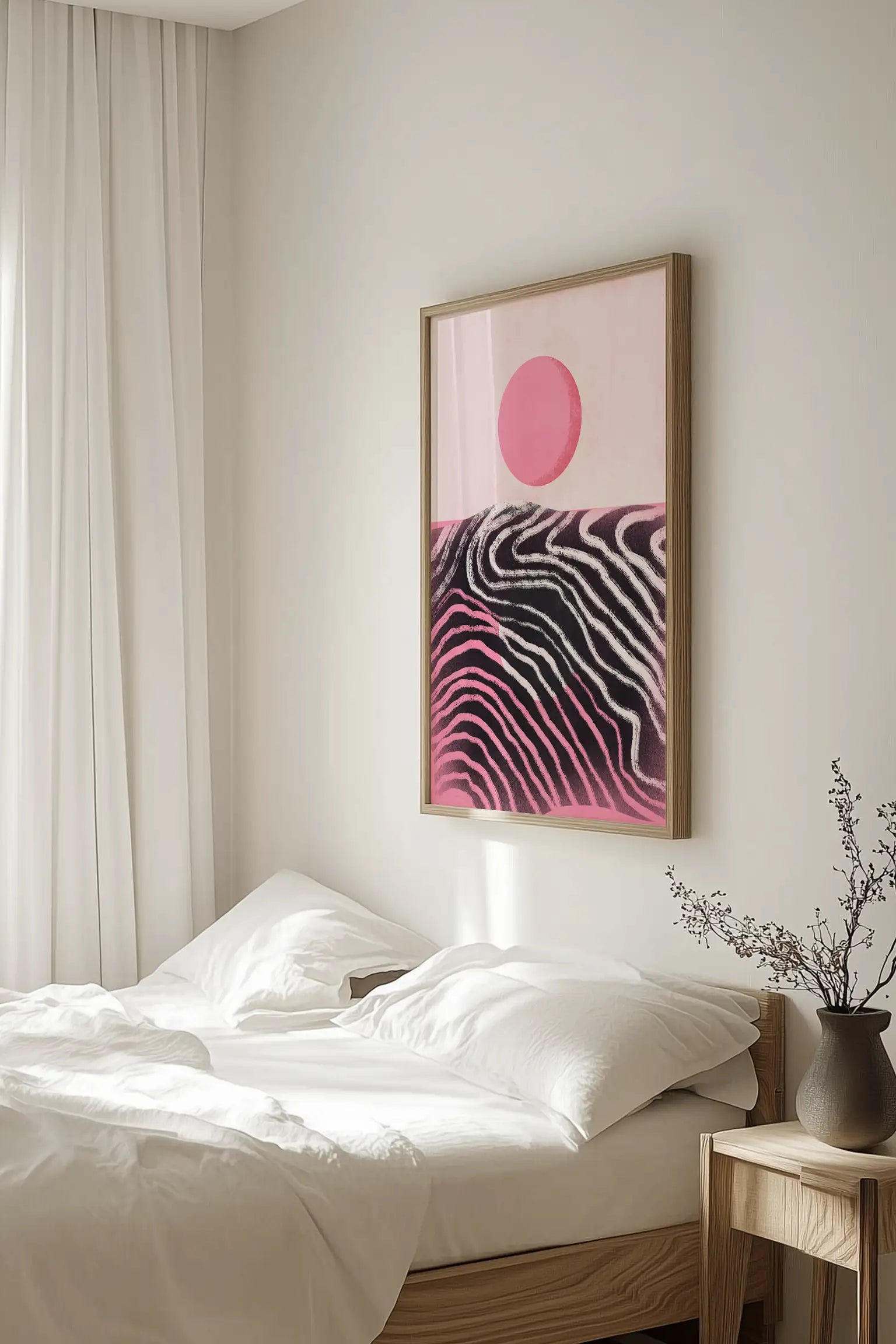 Pink Sun Abstract Horizon by Little Dean — framed art print in interior | Decollective