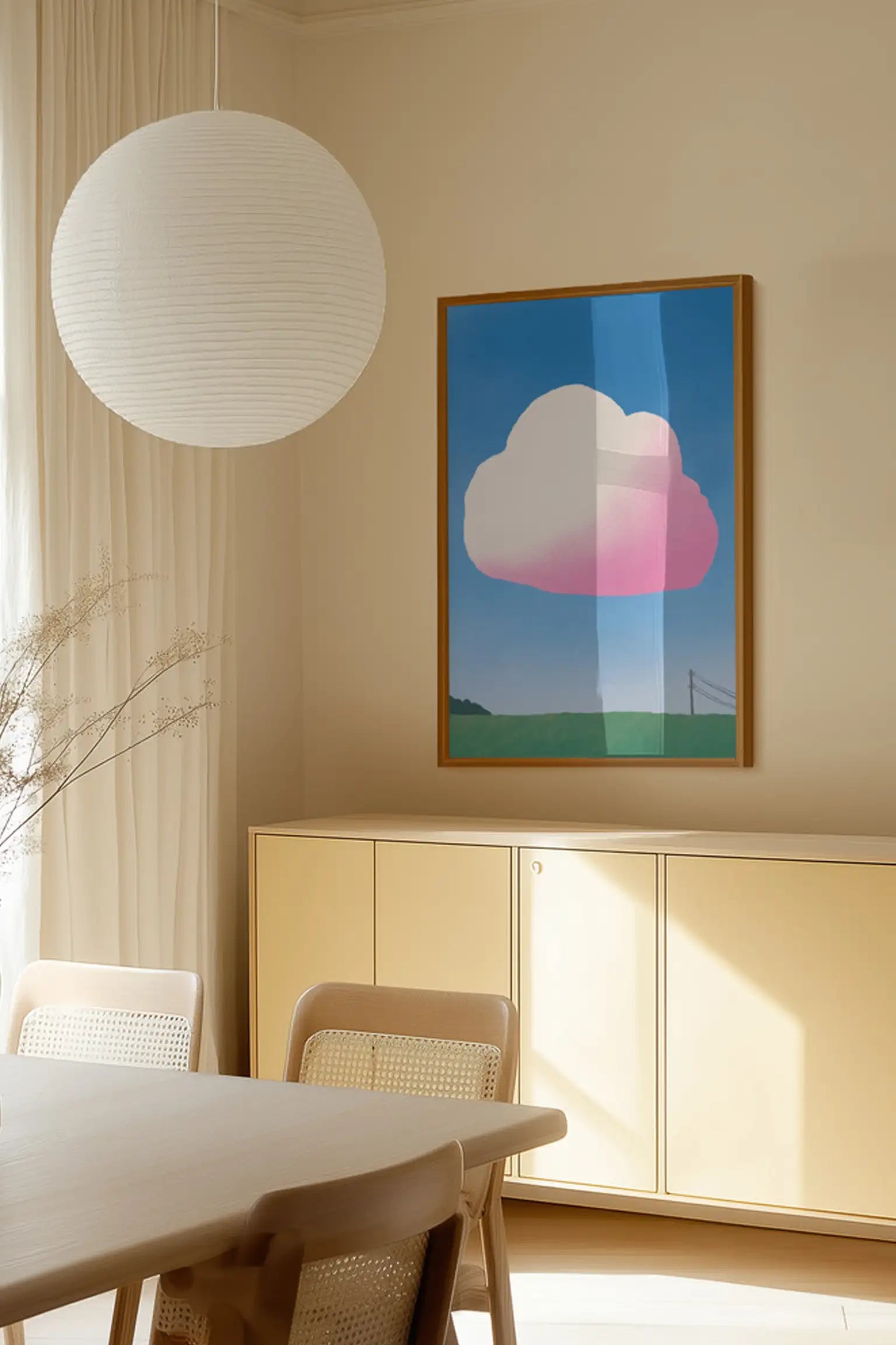 Pink Fluffy Cloud by Little Dean — framed art print in interior | Decollective