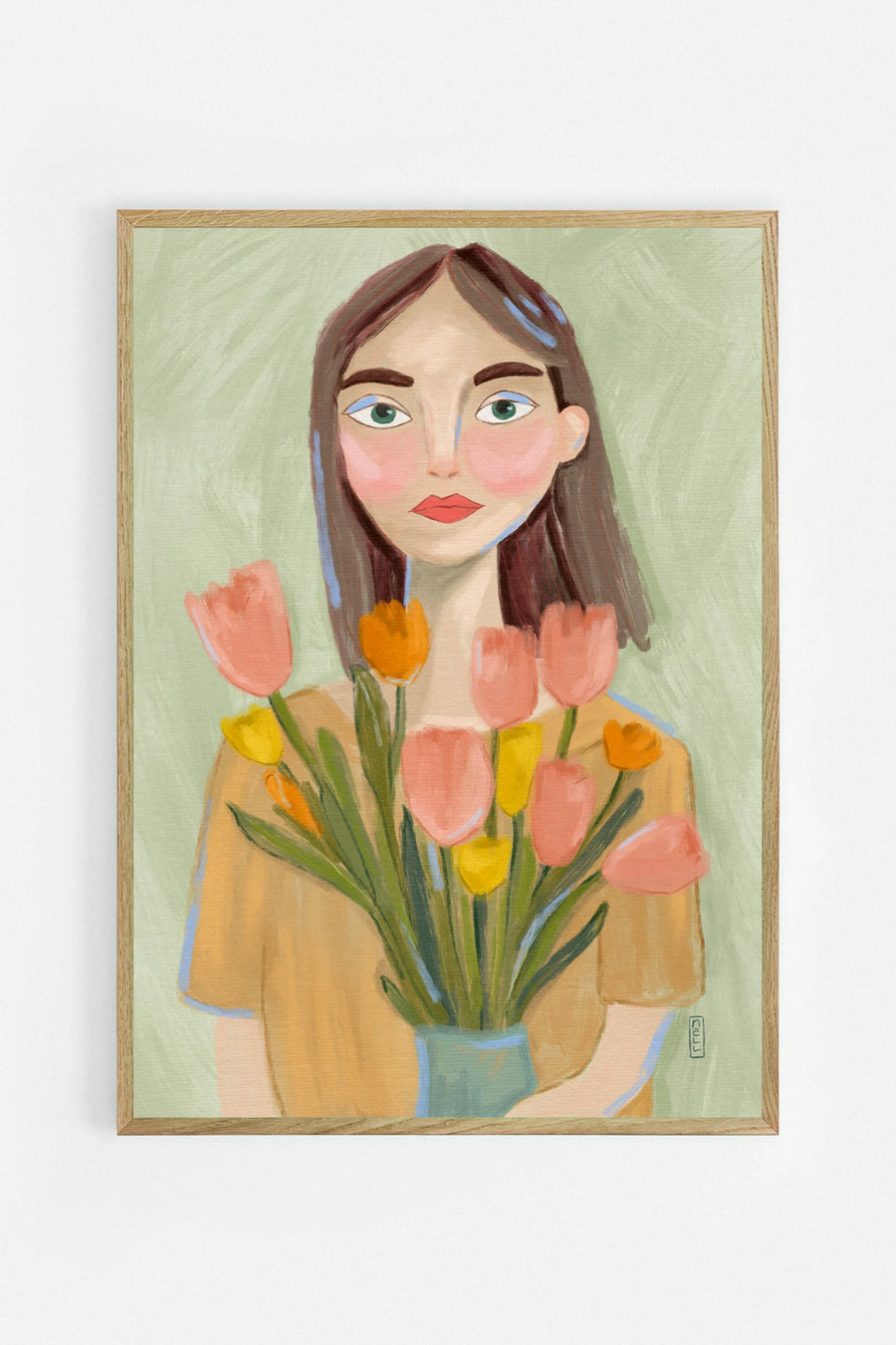 Mujer con tulipanes de primavera de Dirkie Nell en marco de roble