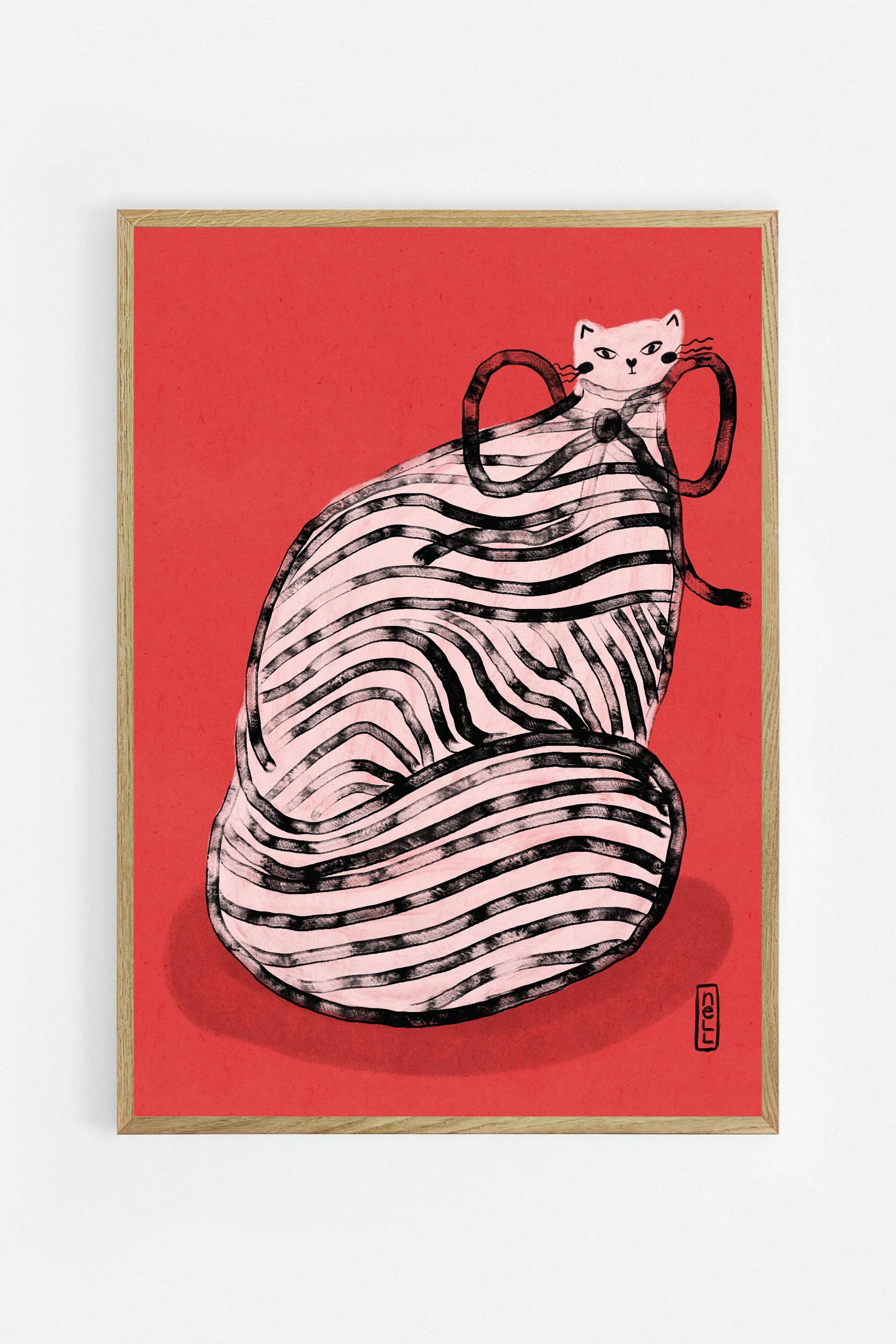 Whimsical Red Striped Cat art print by Dirkie Nell in an oak frame