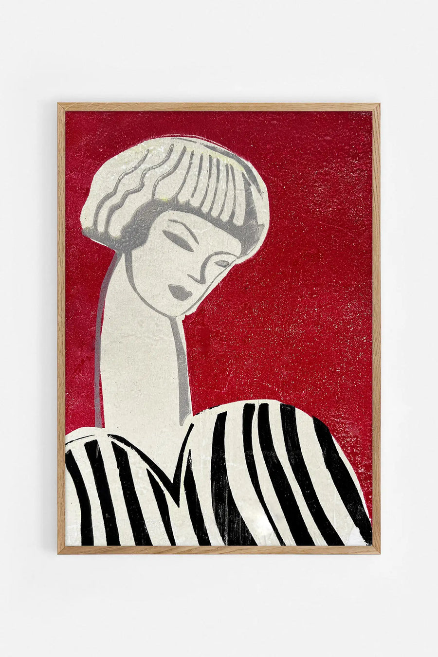 Fine art poster of a stylized woman's profile with a geometric bob haircut against a deep red background, wearing a black and white striped garment in an Art Deco style.