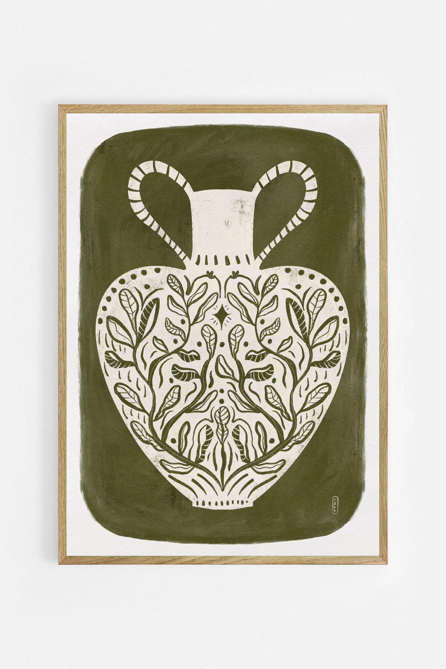 Botanical Folk Vase art print by Dirkie Nell in an oak frame