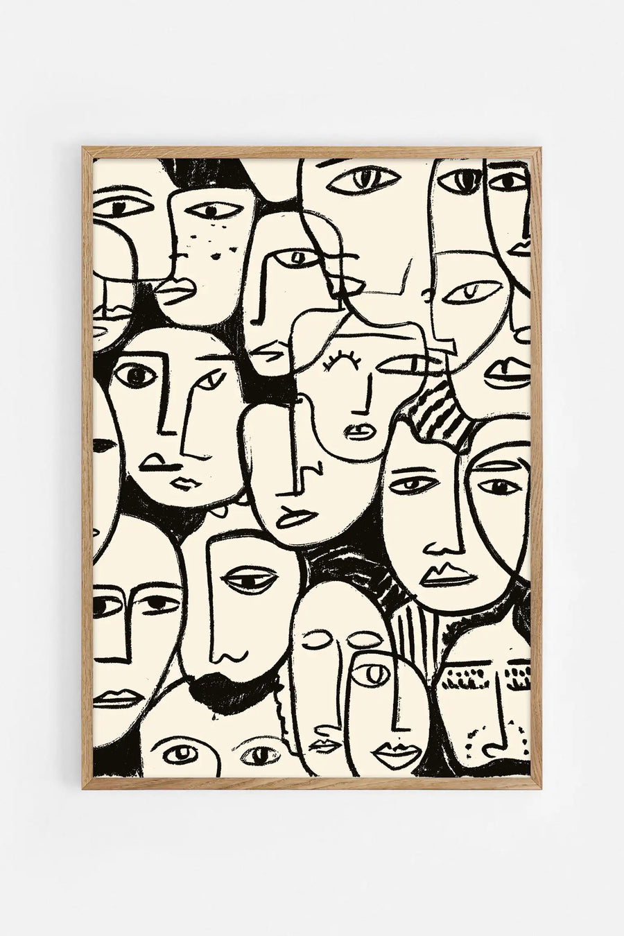 Fine art poster of abstract black and white line-drawn faces clustered together, featuring minimalist facial features and expressive eyes in a cubist style composition.