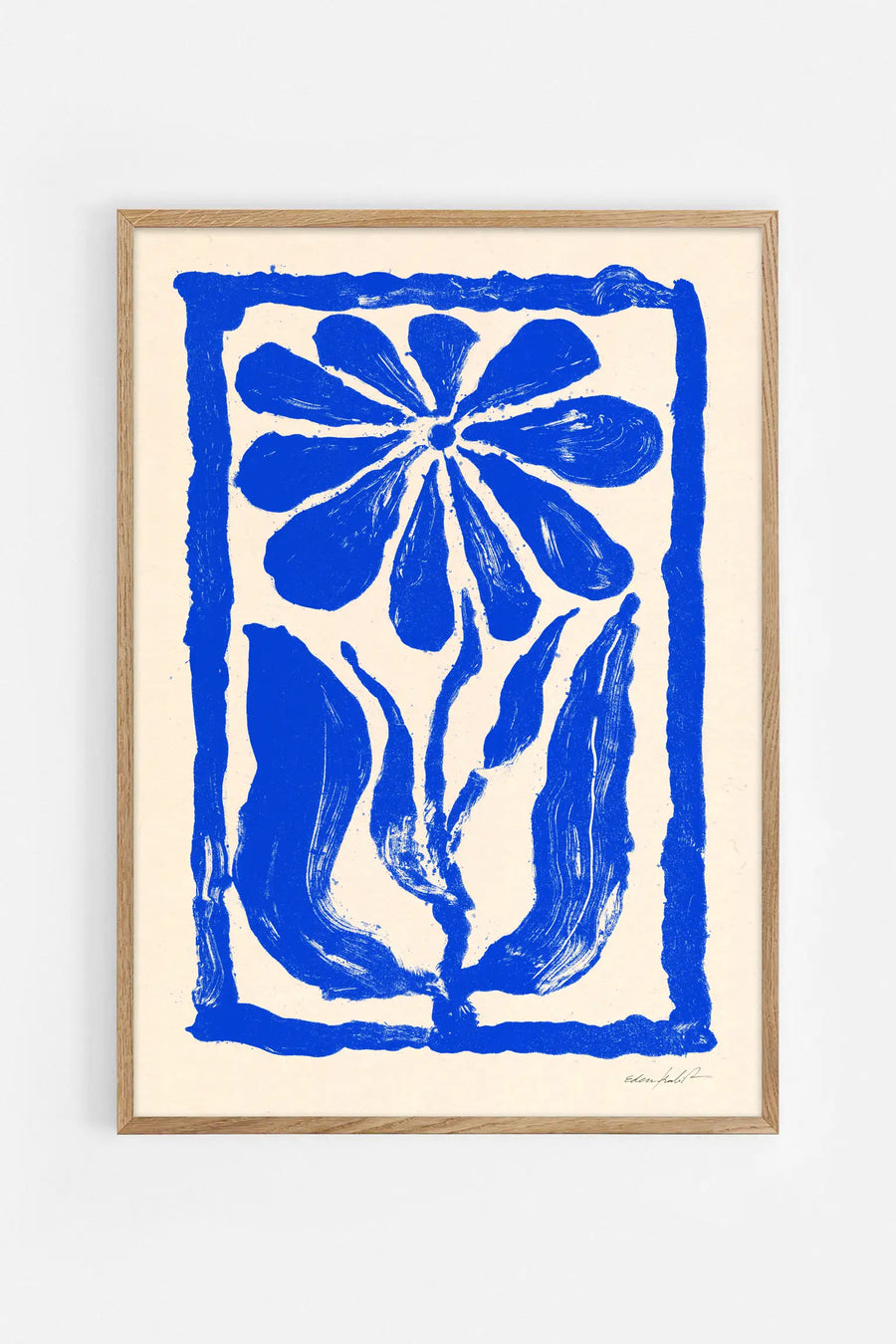 Fine art poster of a blue flower with radiating petals and leaves in a rectangular frame, created in a bold expressionistic style on cream background.