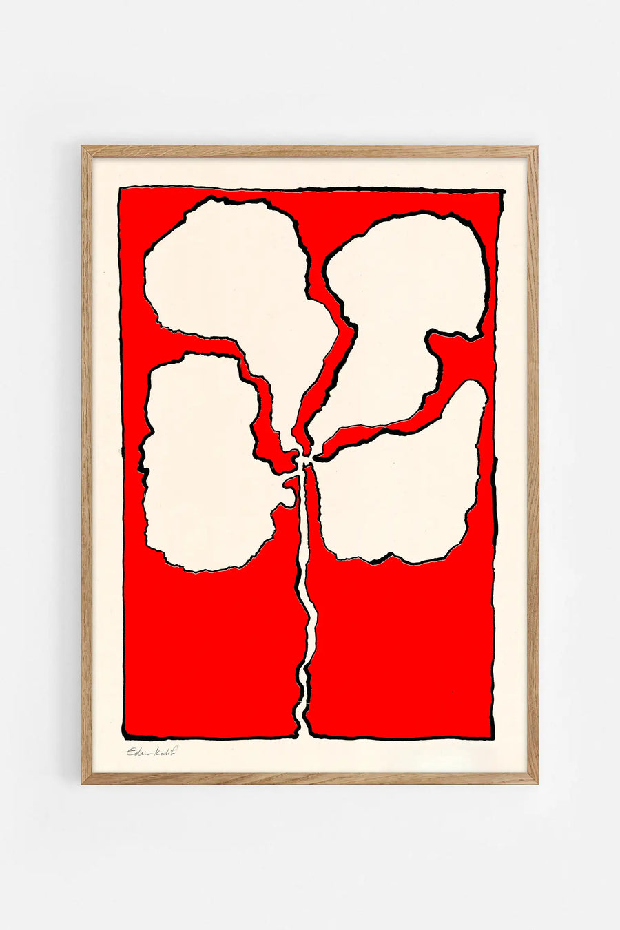 Fine art poster of four cream-colored organic shapes arranged around a central red stem on a vibrant red background, creating an abstract floral composition.