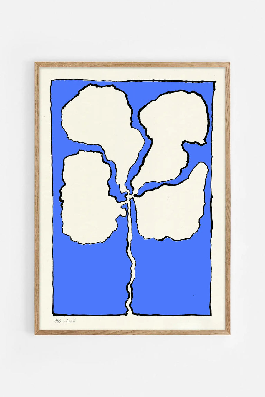 Fine art poster of a lilac flower abstraction with cream-colored petals and bold blue background, minimalist line art style.