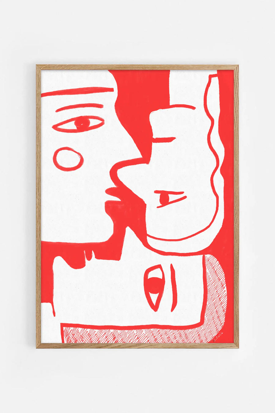 Fine art poster of two abstract red and white faces in minimalist style, depicting connection and conversation with bold geometric lines and expressive features.