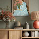 Shy Woman Pink Tulips by Nikita Jariwala — framed art print in interior | Decollective