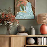 Shy Woman Pink Tulips by Nikita Jariwala — framed art print in interior | Decollective