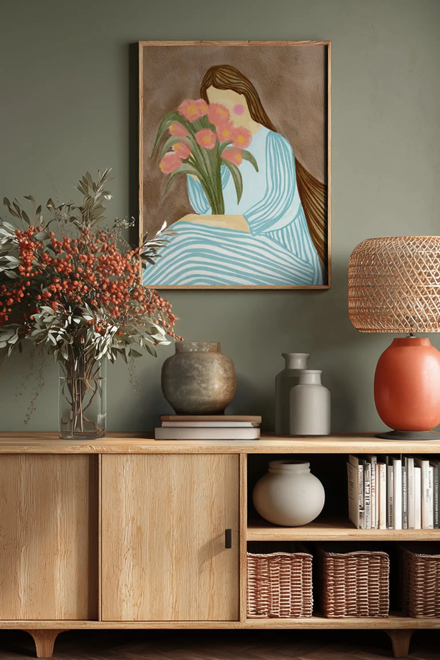 Shy Woman Pink Tulips by Nikita Jariwala — framed art print in interior | Decollective