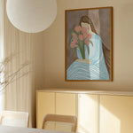 Shy Woman Pink Tulips by Nikita Jariwala — framed art print in interior | Decollective