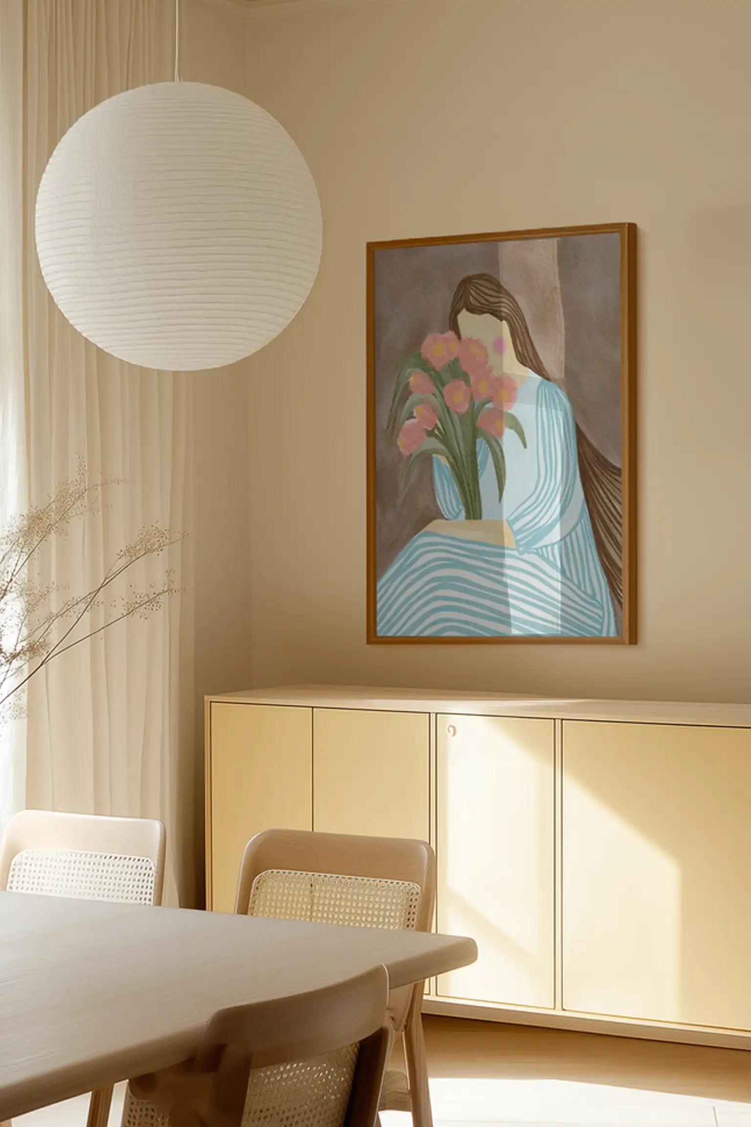 Shy Woman Pink Tulips by Nikita Jariwala — framed art print in interior | Decollective