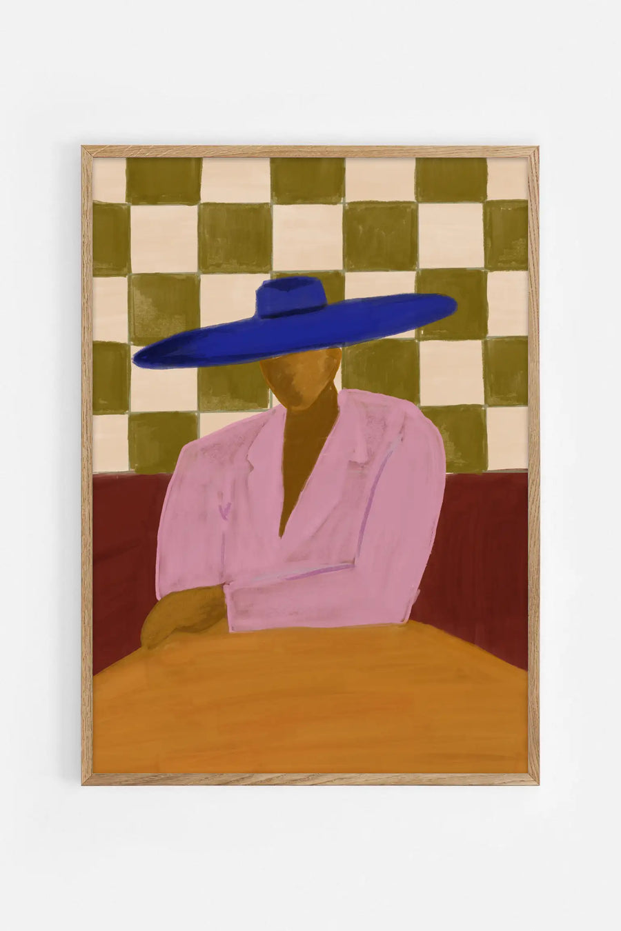 Fine art poster of a figure wearing a bold blue wide-brimmed hat and pink blazer seated at a table against a green checkered background.