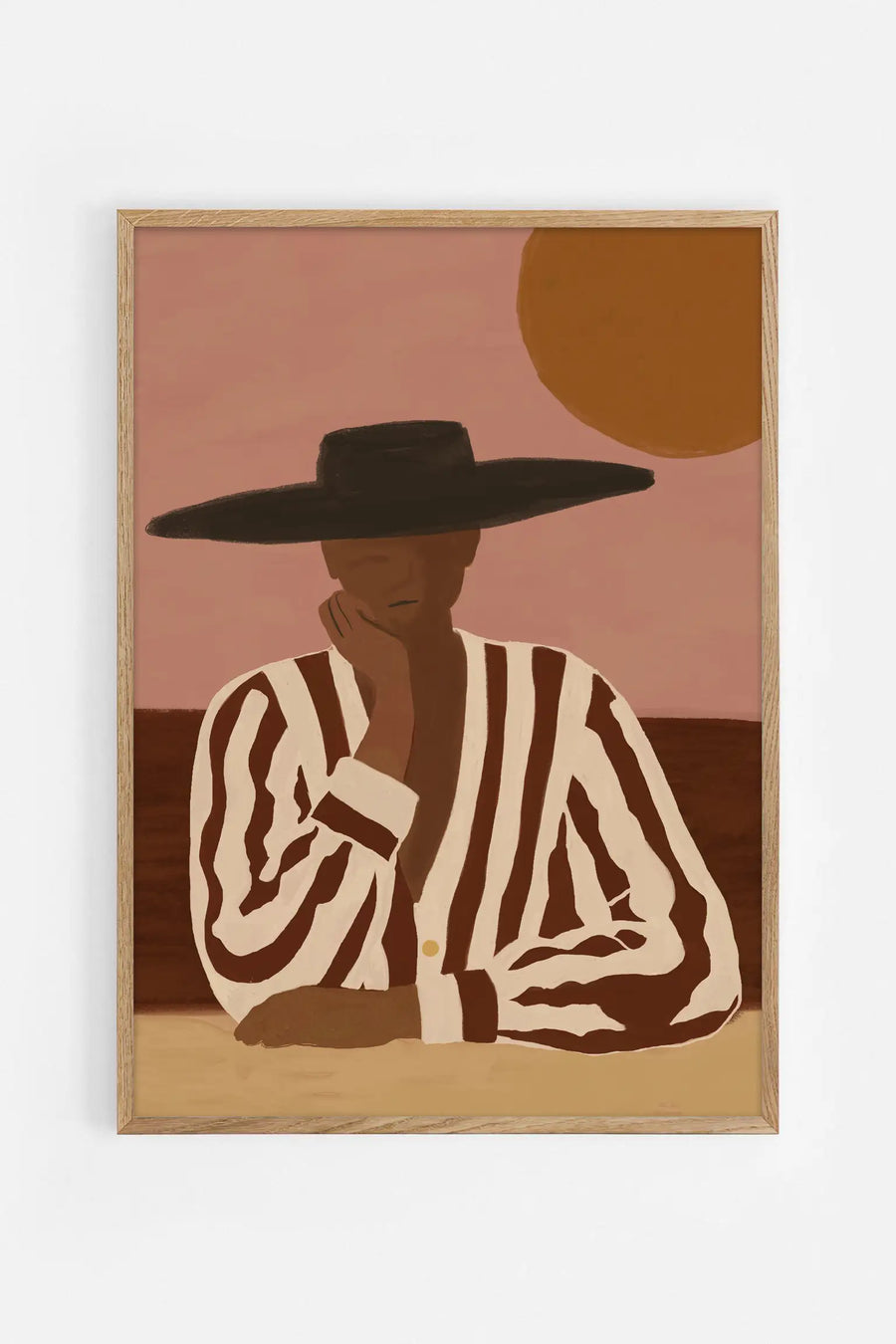 Fine art poster of a figure in a wide-brimmed hat and striped shirt sitting in a desert landscape under a golden sun, rendered in warm earth tones and muted colors.