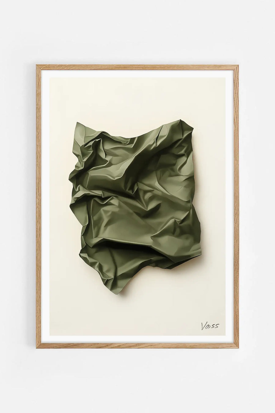Fine art poster of a crumpled olive green fabric against a cream background, creating abstract dimensional folds and shadows, signed by artist Voss.