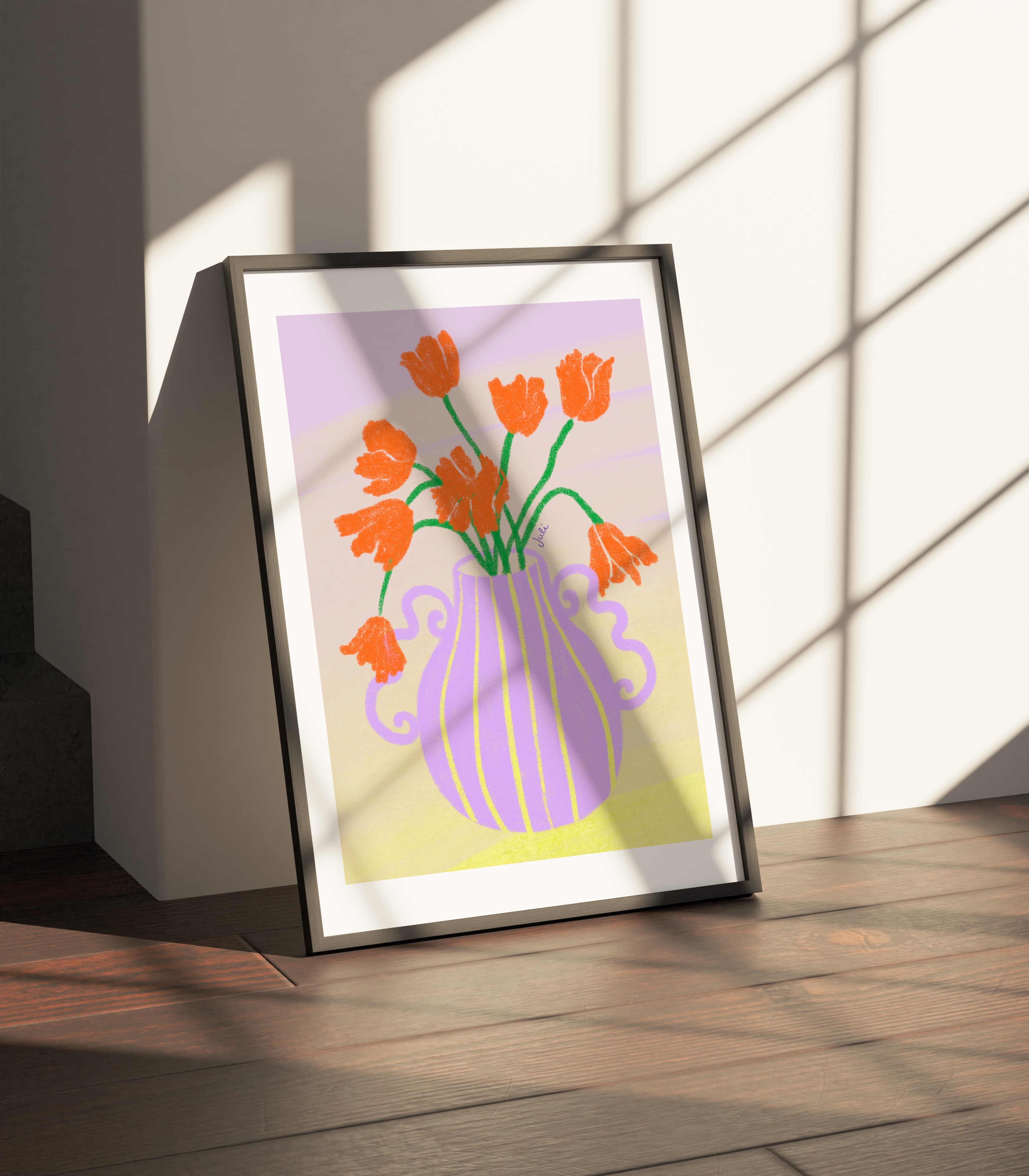 I can buy myself (orange) flowers by Julieta Fama — framed art print in interior | Decollective