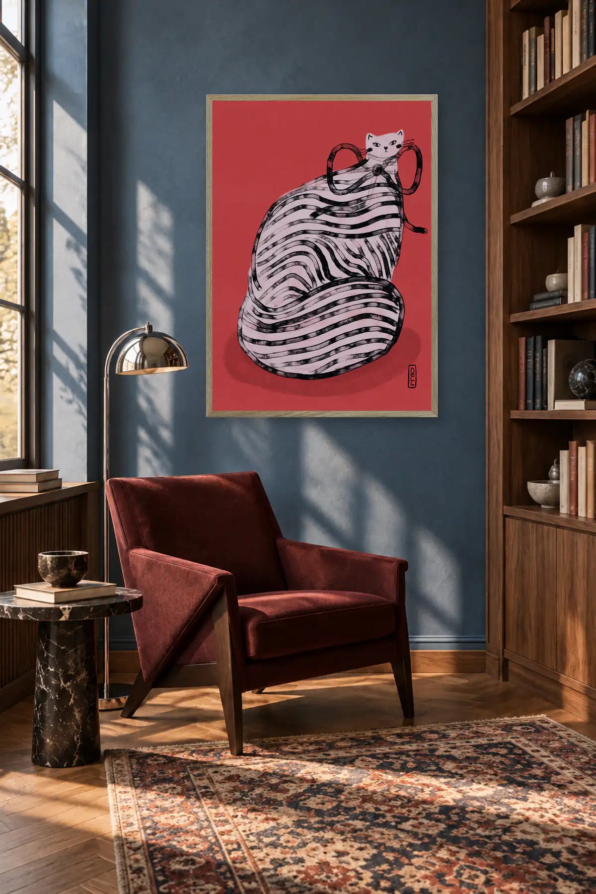 Whimsical Red Striped Cat by Dirkie Nell — framed art in interior setting 1