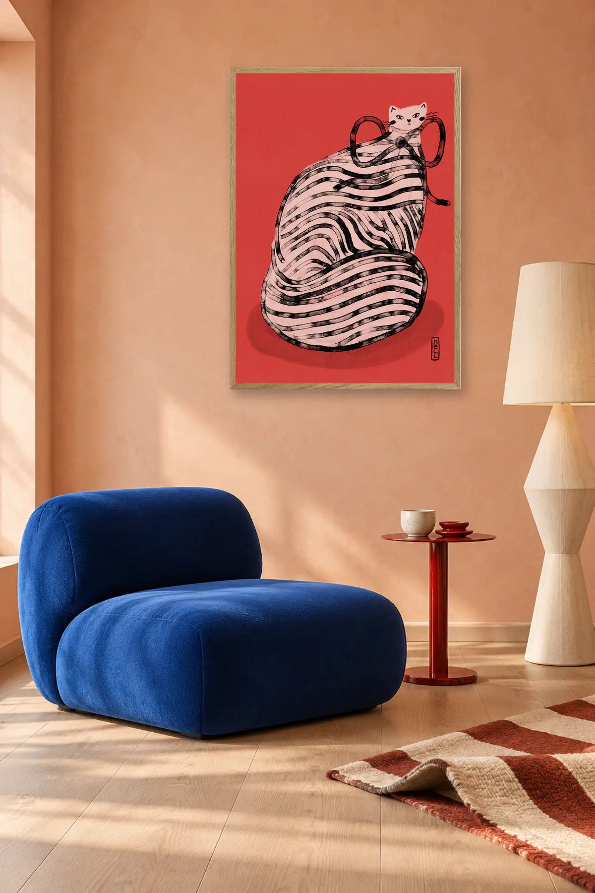 Whimsical Red Striped Cat by Dirkie Nell — framed art in interior setting 3