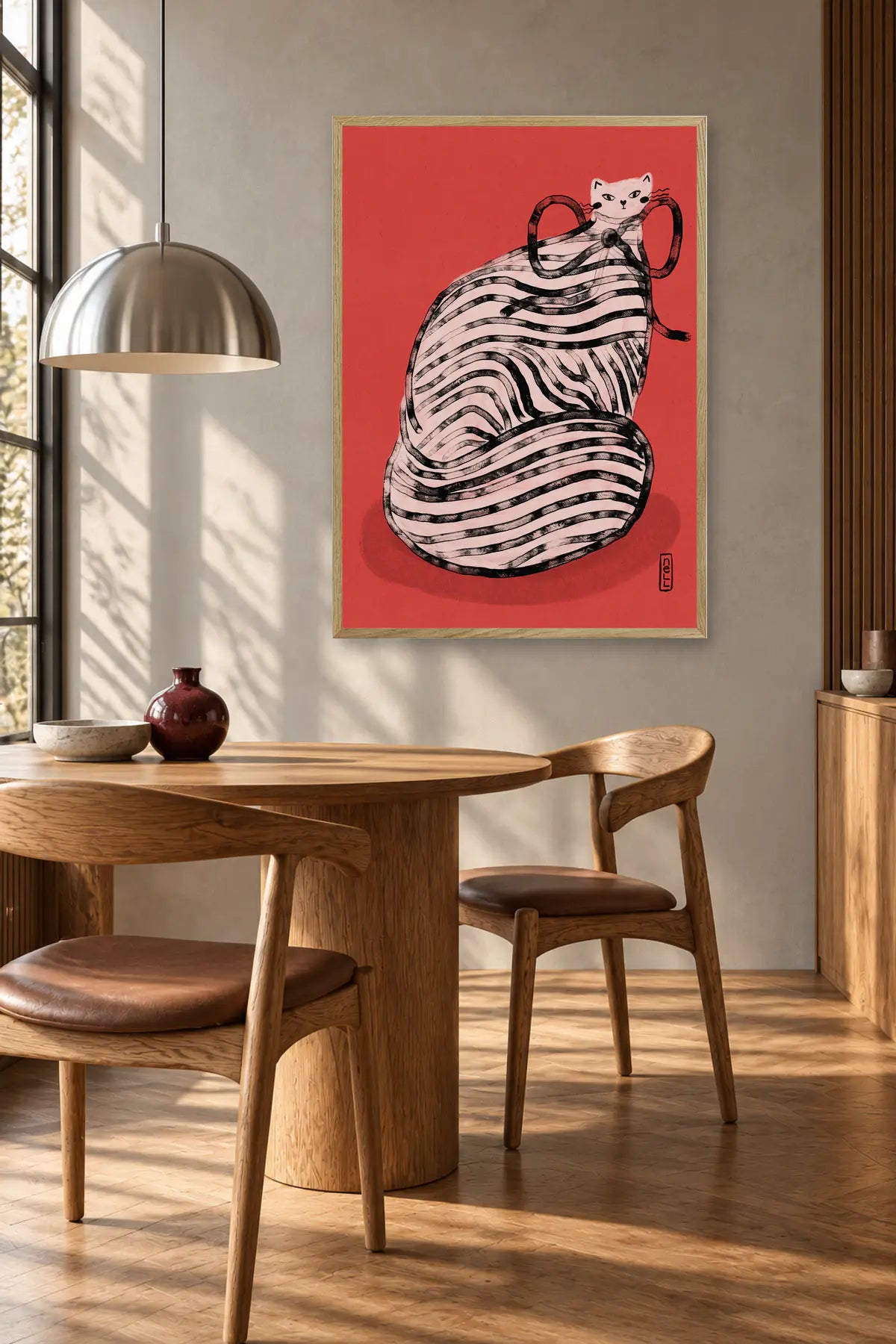 Whimsical Red Striped Cat by Dirkie Nell — framed art in interior setting 4