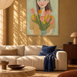 Woman with Spring Tulips by Dirkie Nell — framed art in interior setting 1