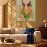 Woman with Spring Tulips by Dirkie Nell — framed art in interior setting 1