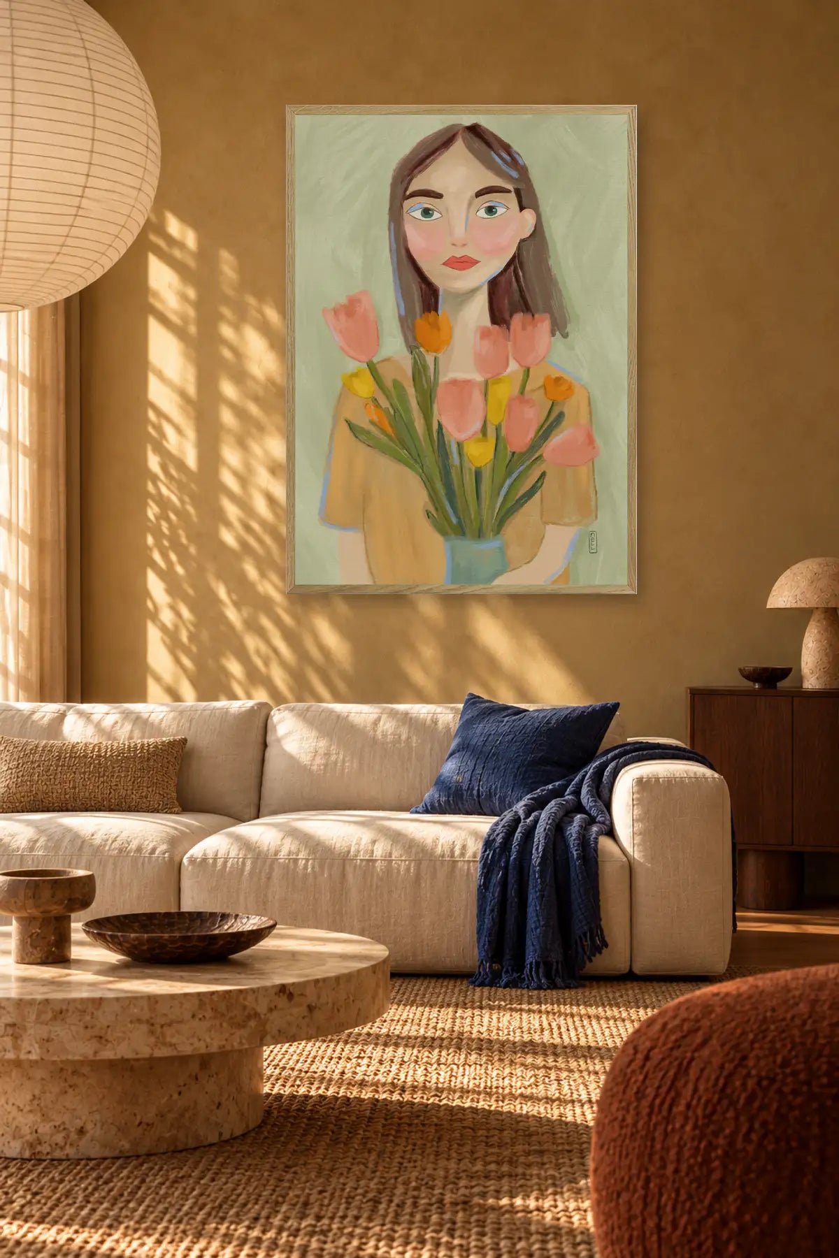 Woman with Spring Tulips by Dirkie Nell — framed art in interior setting 1