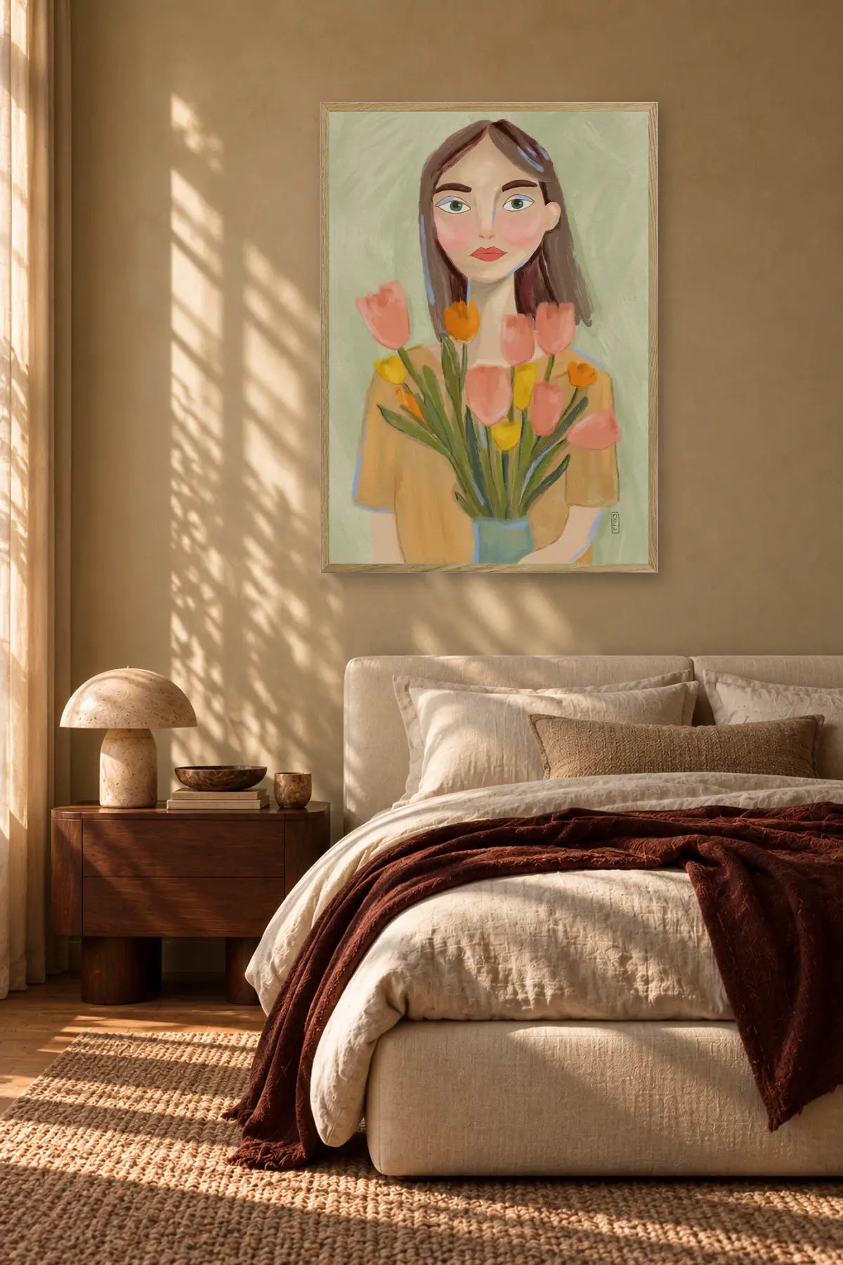 Woman with Spring Tulips by Dirkie Nell — framed art in interior setting 2