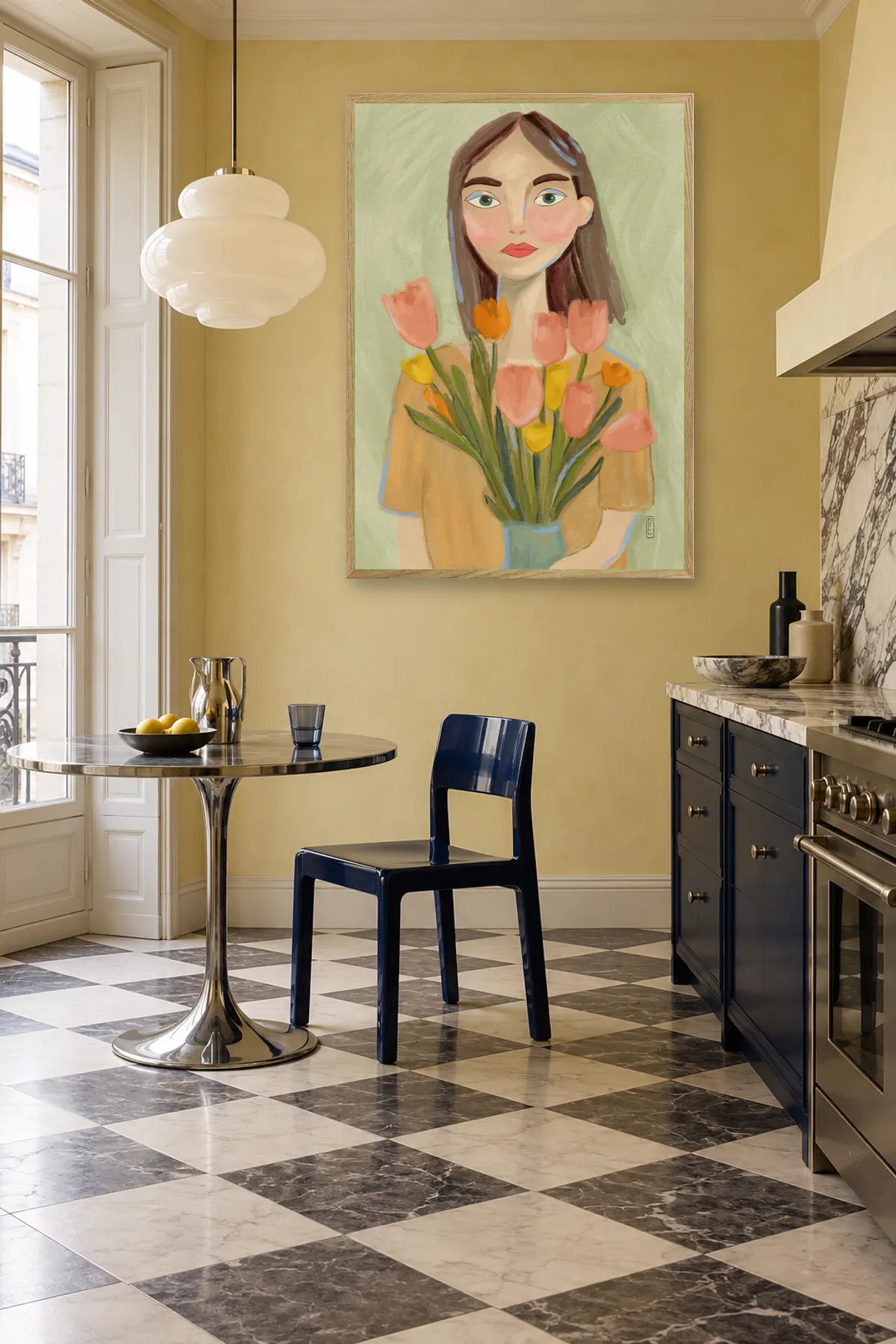 Woman with Spring Tulips by Dirkie Nell — framed art in interior setting 3
