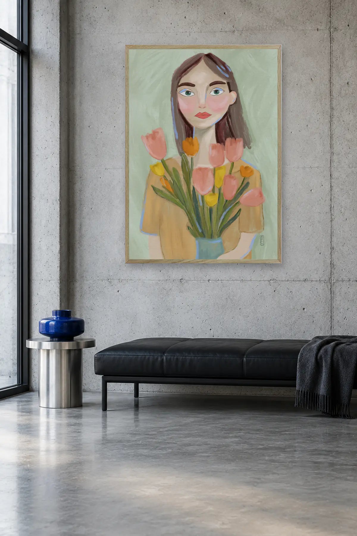Woman with Spring Tulips by Dirkie Nell — framed art in interior setting 4
