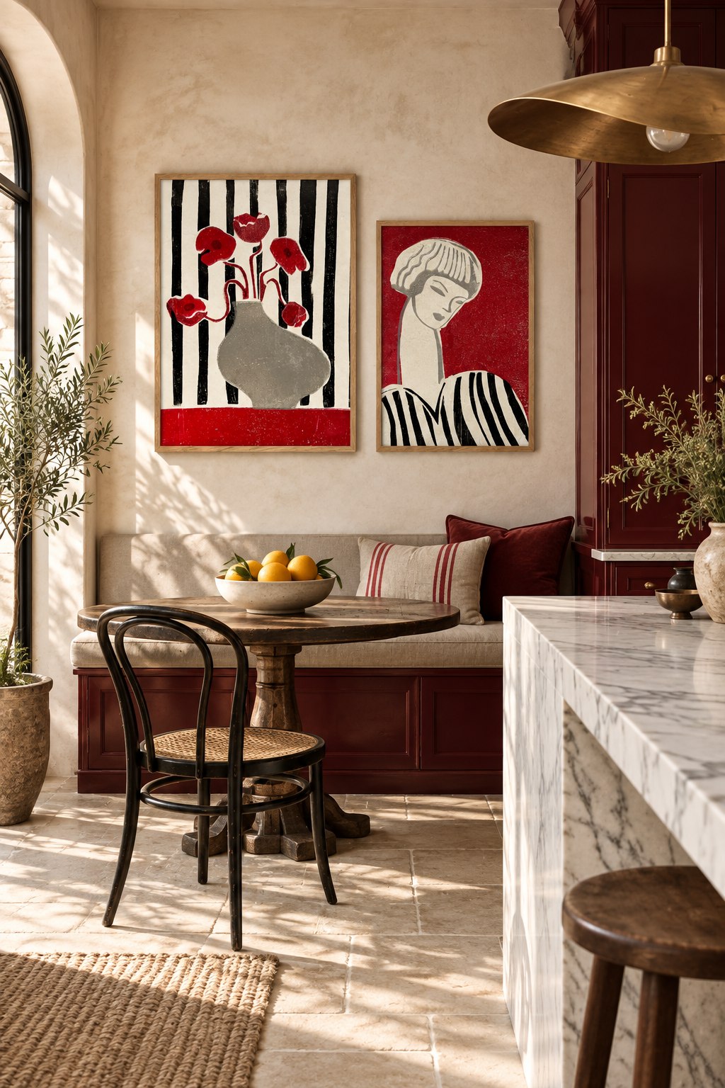 Framed work by Christina Misuro in a tiled kitchen