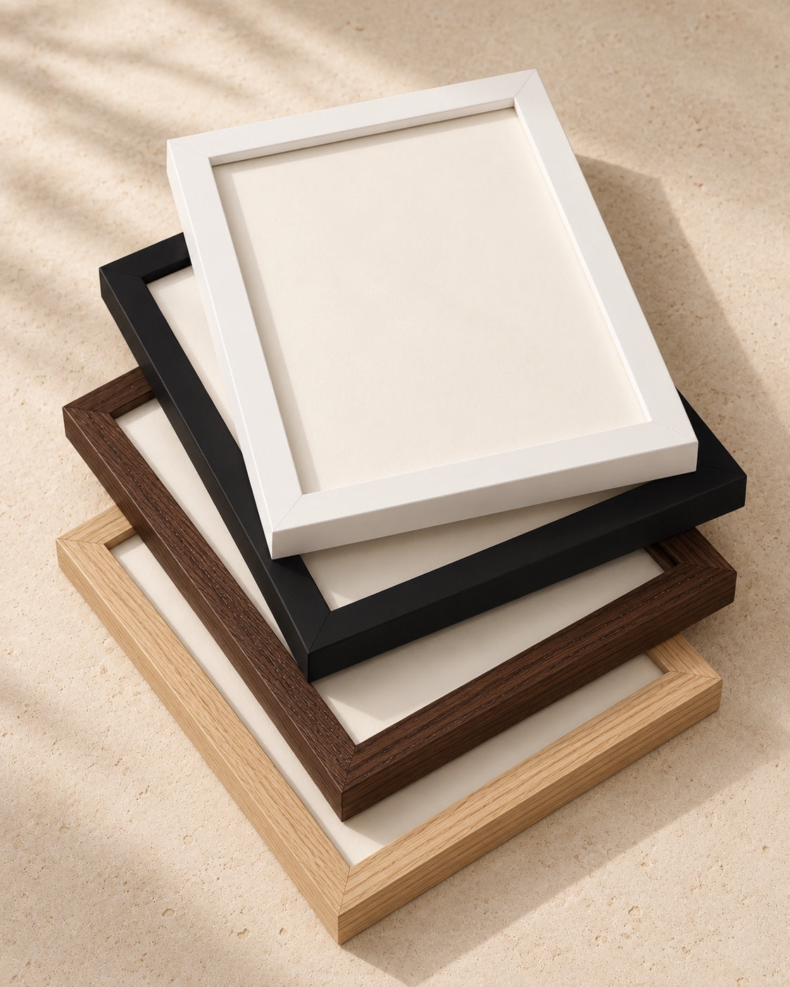 Four overlapping frames in white, black, dark oak and oak
