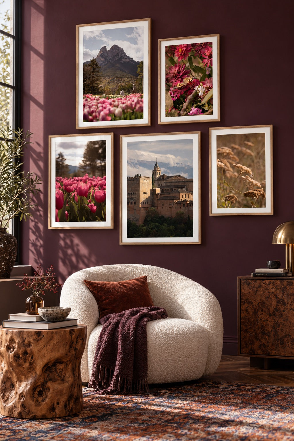 Five photographs by Lu Manes on a wine-coloured gallery wall