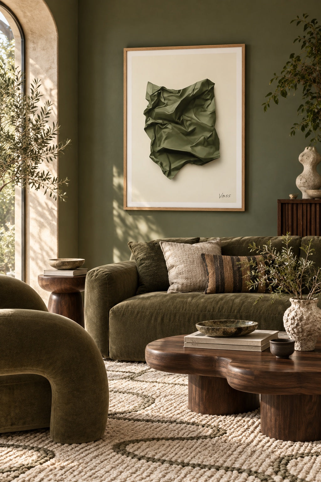 Moss by Mara Voss in a sunlit olive green living room