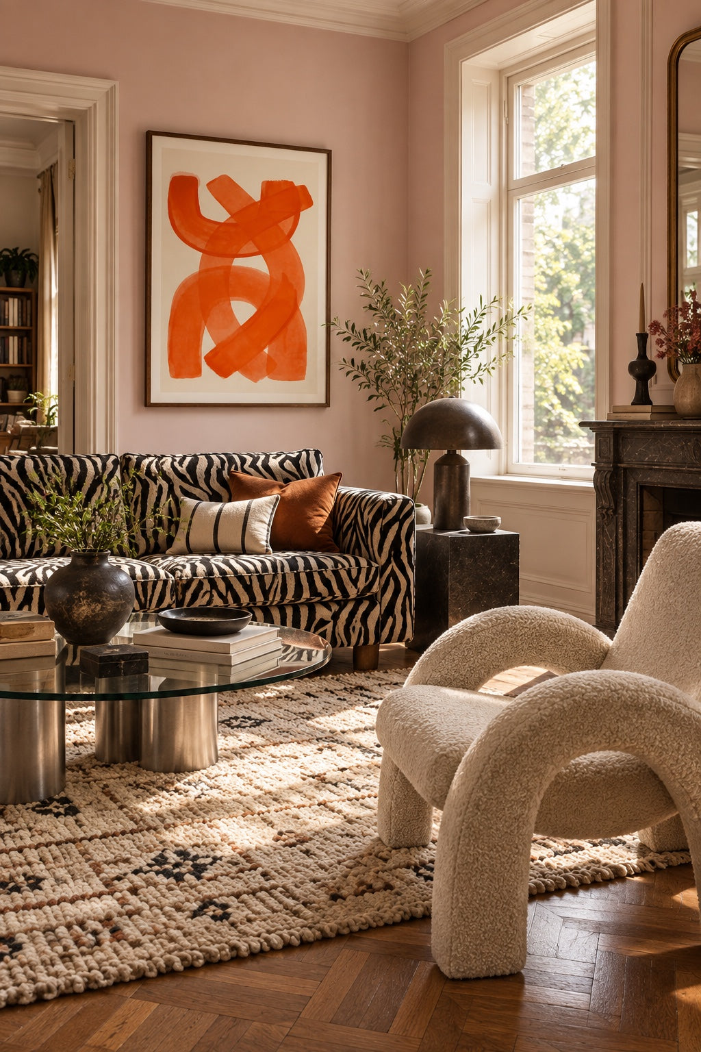 Vibrant Orange Abstraction by Ejaaz Haniff in a warm pink living room