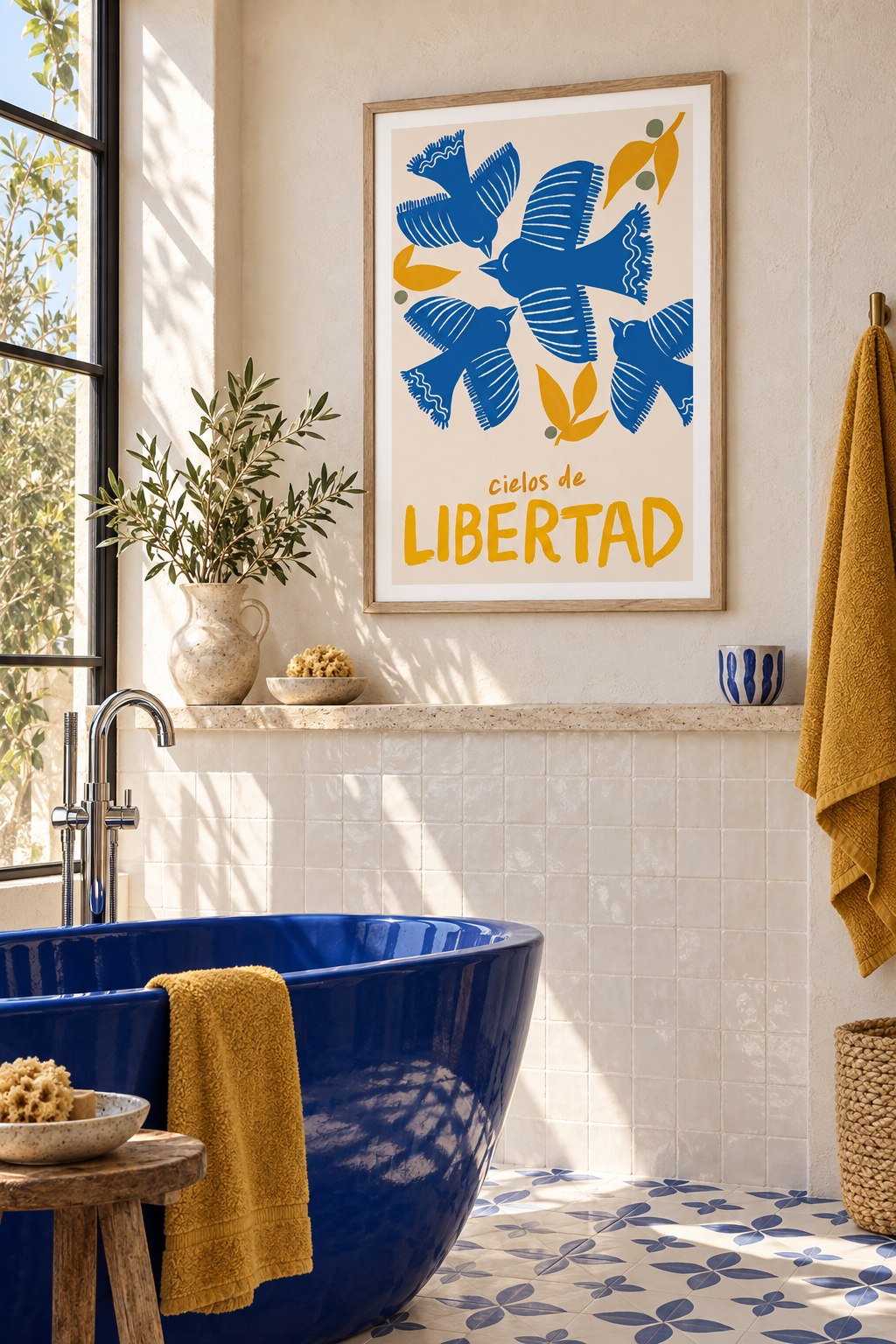 Framed work by Cécile in a tiled bathroom